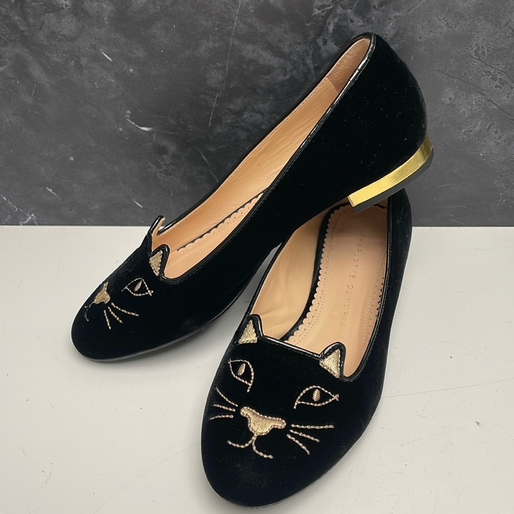 Charlotte Olympia Black Velvet Kitty Flats - women’s size 6 / 36